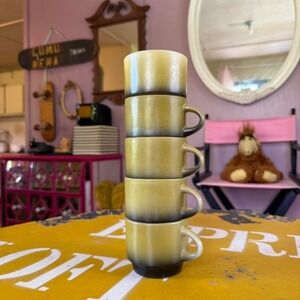 Anchor‎ Hocking Suburbia Avocado Green Stackable Mugs Set of 5 Retro Milk Glass